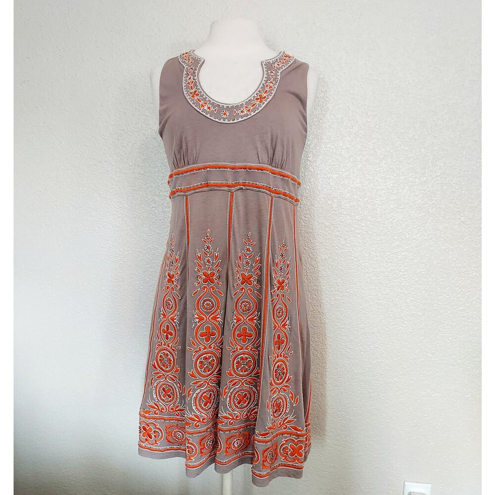INC Beige Shift Dress w/Orange Embroidery Size L